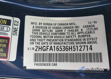 2006 Honda Civic Lx из США, поврежденный, VIN 2HGFA16536H512714